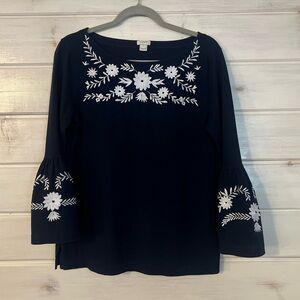 J Crew Top White Embroidered on Navy Blue Tunic 100 Cotton Top Size Small